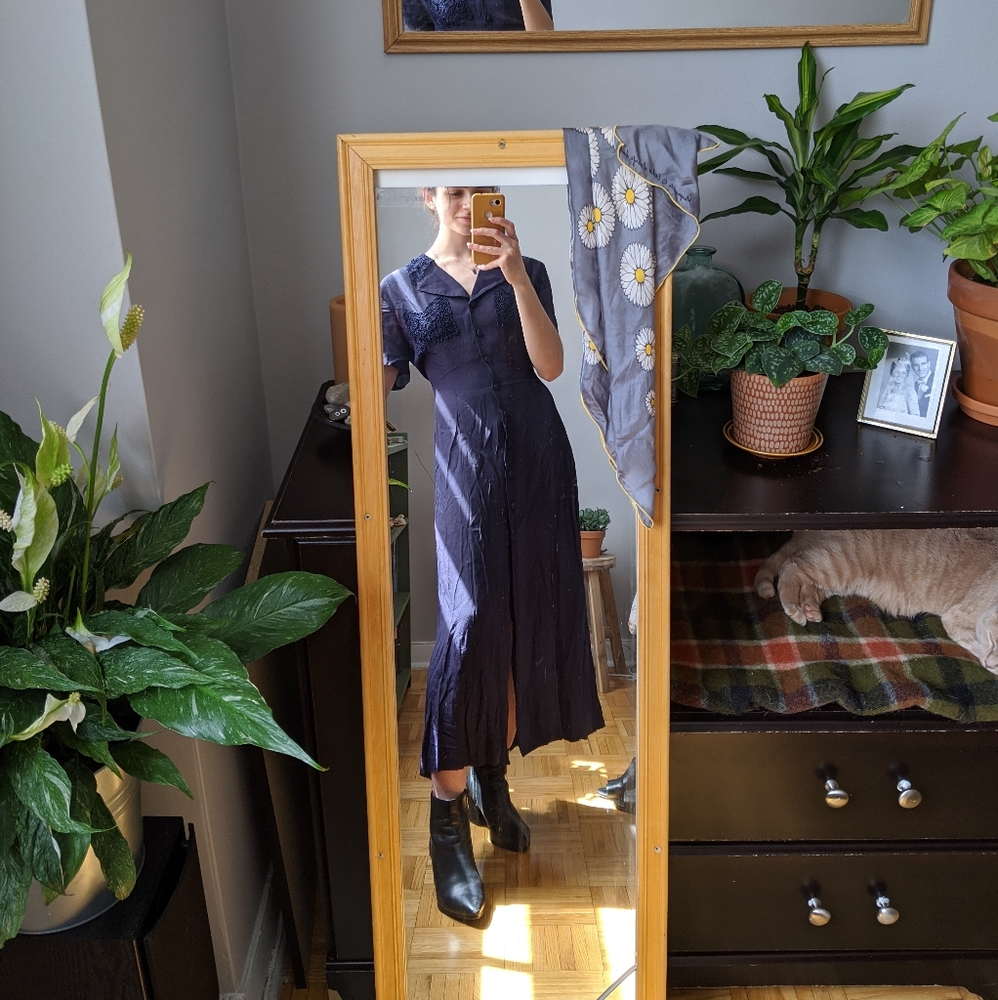 Vintage long button-up dress with short sleeves
